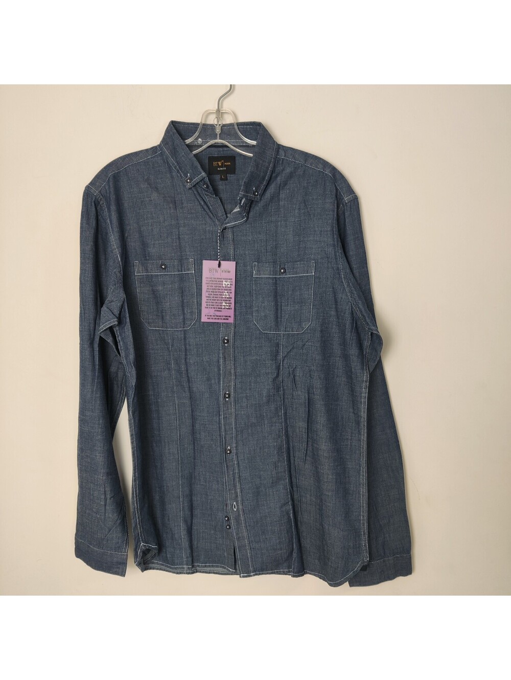 NWT BTW Man Denim Chambray Button Down Slim Fit Long Sleeve Shirt Large